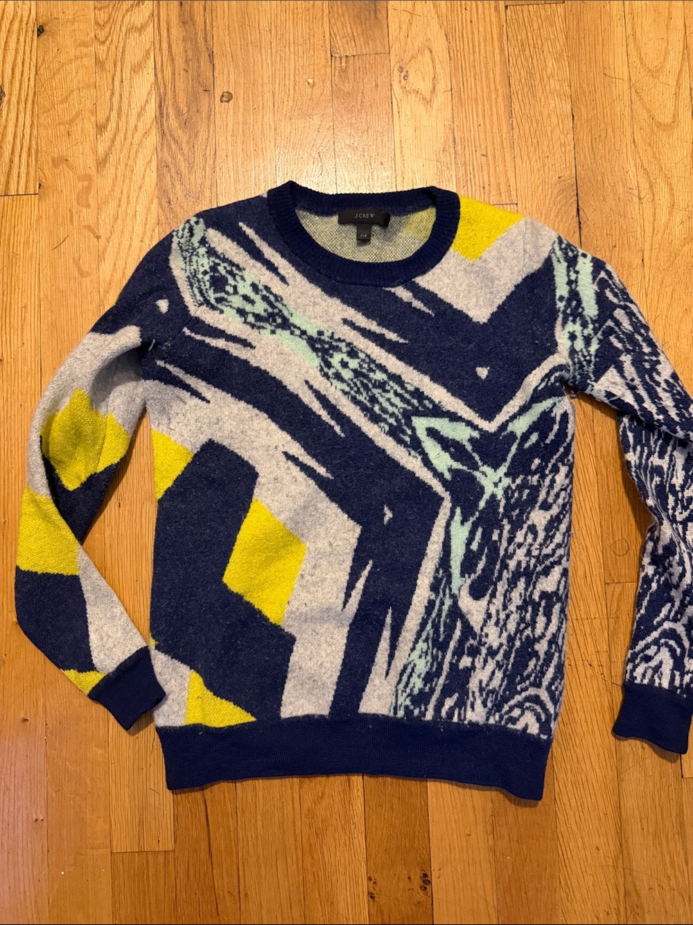 J. Crew Women’s Wool Navy Crewneck Sweater with Yellow and Light Blue Graphic